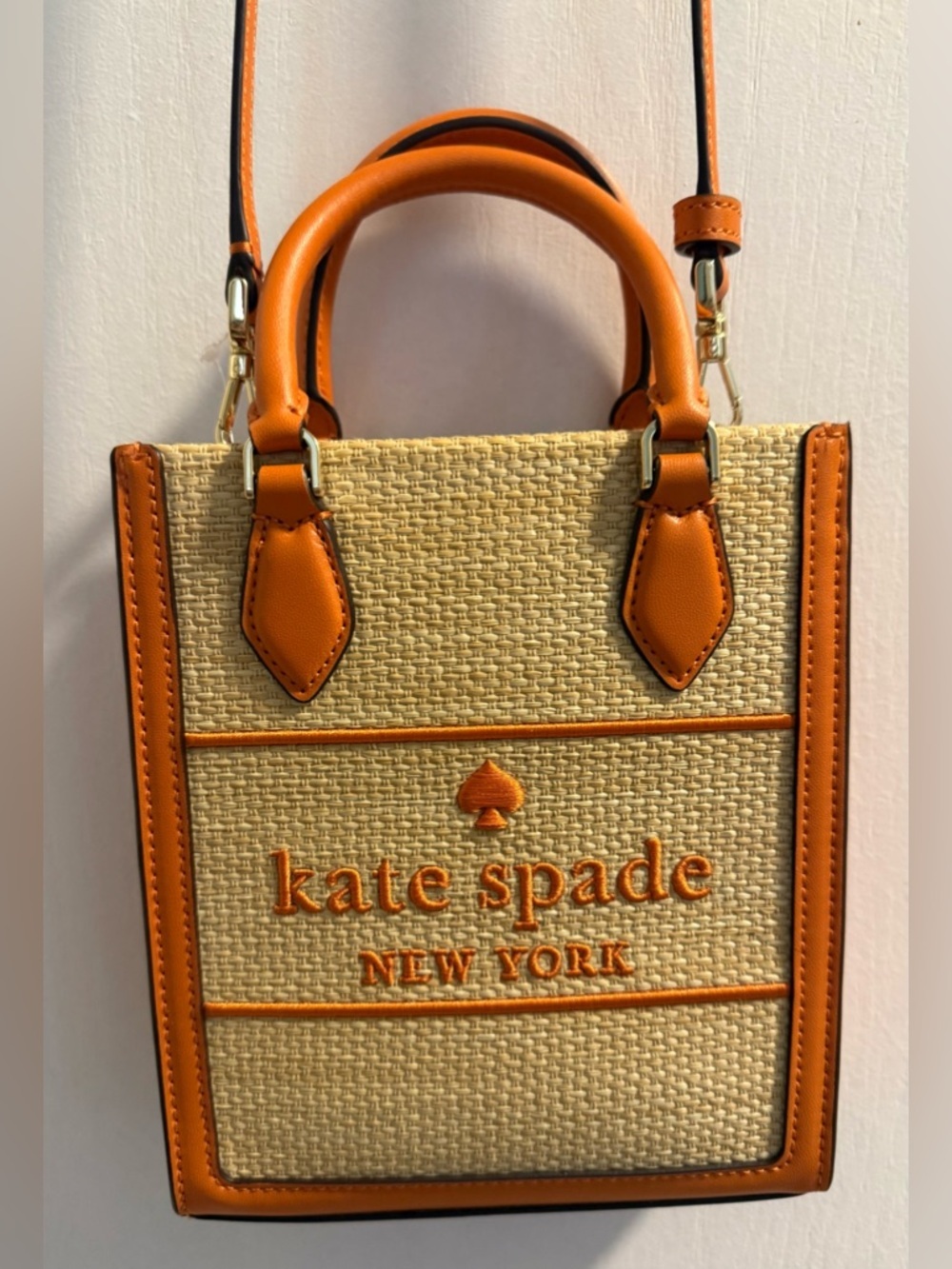 NWT Kate Spade Mini Ellie Tote Orange Leather with Tan Straw Canvas - Picture 3 of 12